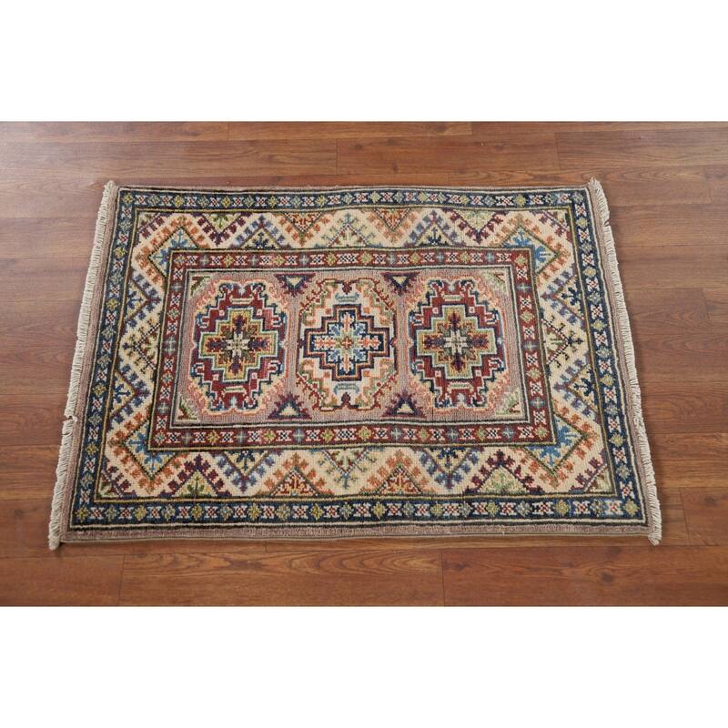 Geometric Kazak Oriental Accent Rug Hand-Knotted Brown Wool Carpet - 2'1" x 2'10"