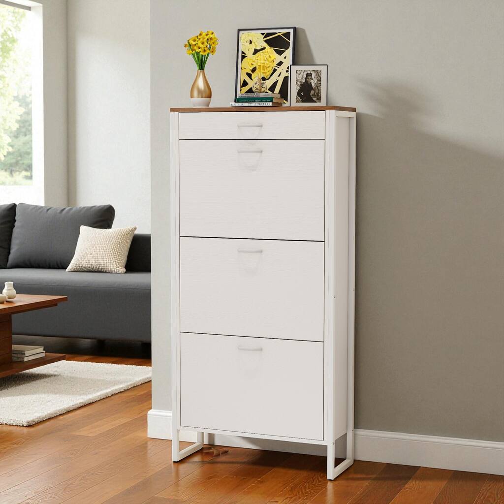 25.6" Slim Shoe Storage Cabinet with 3 Flip Drawers and 1 Drawer, Freestanding Entryway Shoe Organizer for Small Spaces