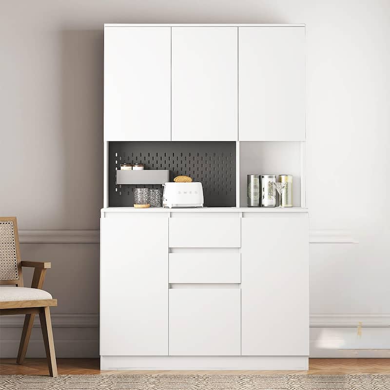 74" Freestanding Kitchen Pantry Cabinet w/Drawers, Storage Microwave - W43.66*D15.74*H74.00 - White