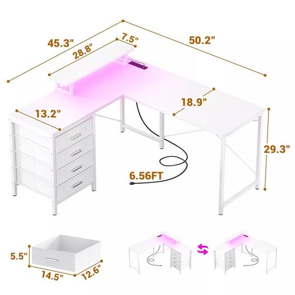 L Shaped Home Office Desk Drawer Computer Desk LED Gaming Desk White ...