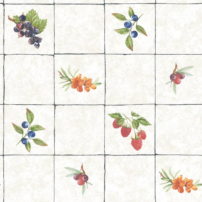 Galerie Wallcoverings Just Kitchens Fruit Tile Vinyl on Non-woven Matte Wallpaper Roll - 33 feet x 21 inches - Grey