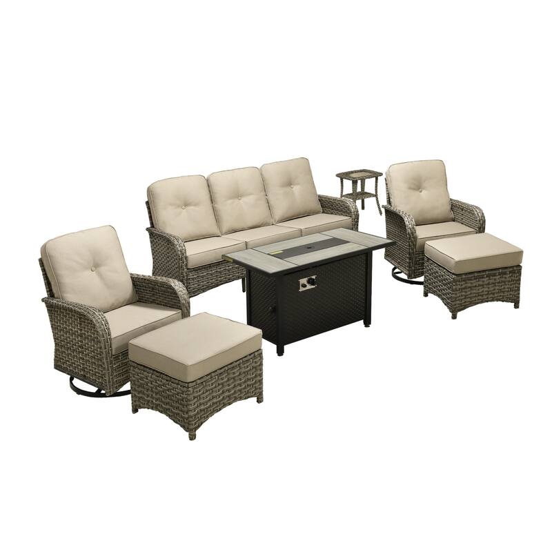 OVIOS 7-piece Patio Wicker Conversation Furniture Set With Fire Pit