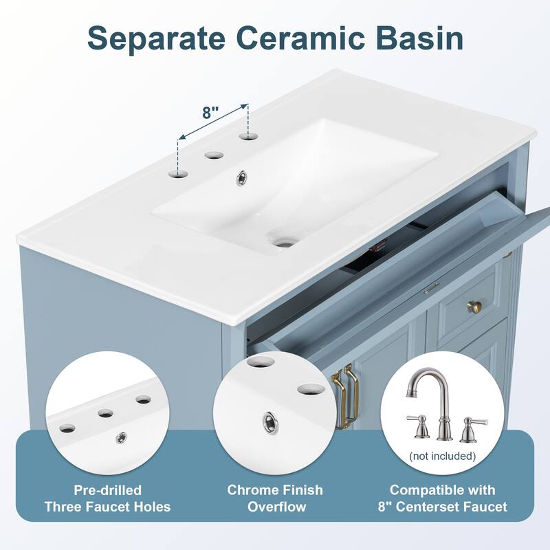 36" Bathroom Vanity with Sink, Blue Grey Solid Wood Bathroom Cabinet with Flip Drawer, 3 Drawers & 2 Doors