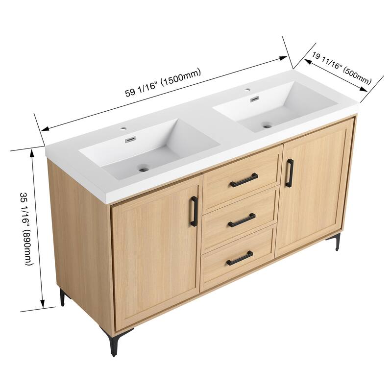 Beingnext 60" Bathroom Vanity with Double Sink, Freestanding Bathroom Vanity with 3 Drawers, 2 Doors and 2 Adjustable Shelves