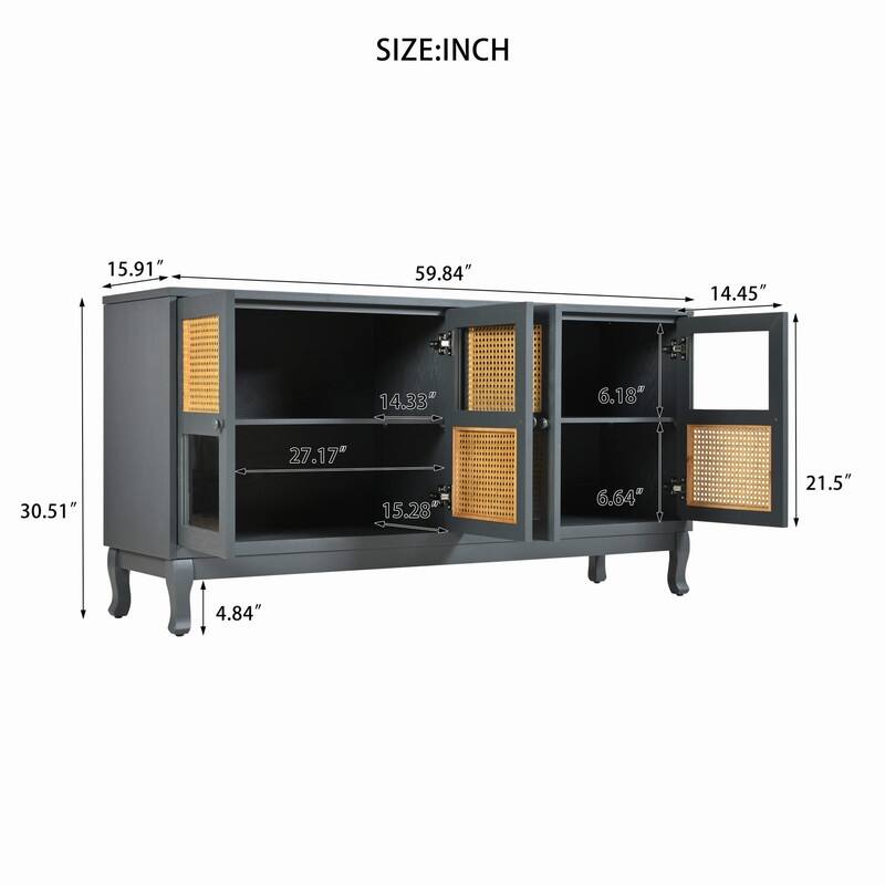 Retro 4-Door Sideboard with Large Storage Space and Rattan Doors for Home Entryway Decor
