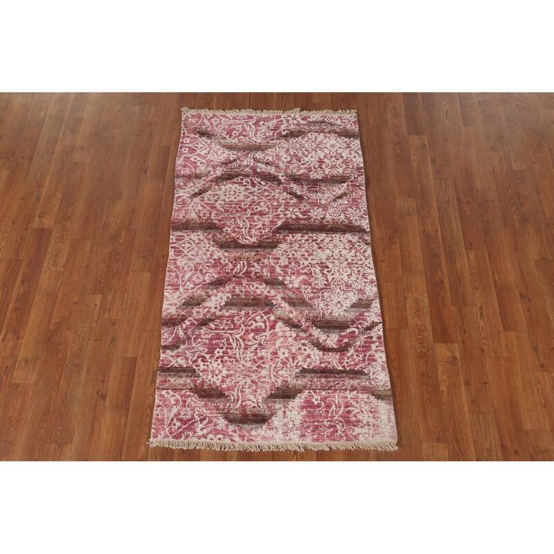 Abstract Oriental Accent Rug Handmade Pink Wool Carpet - 2'8"x 4'10"