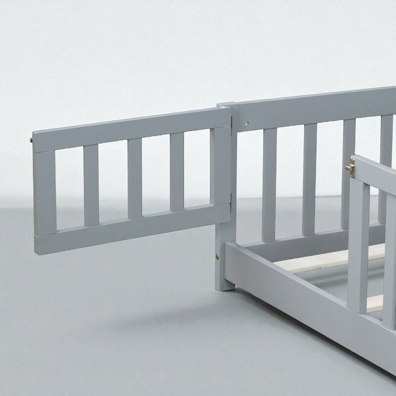 Twin Size Floor Bed with Fence and Door, Rubber Wood Frame with Safety Guardrails