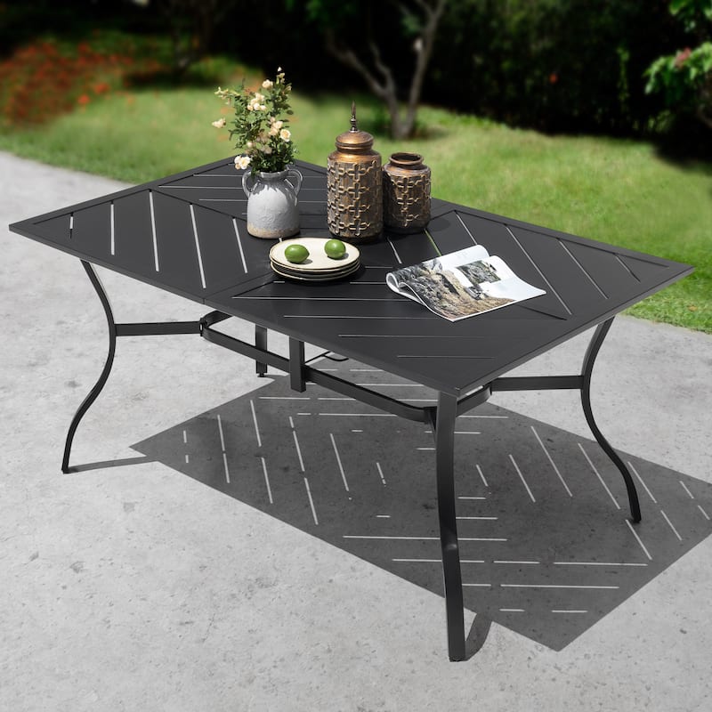 Outdoor Rectangle Iron Dining Table, Splice Tabletop with Umbrella Hole