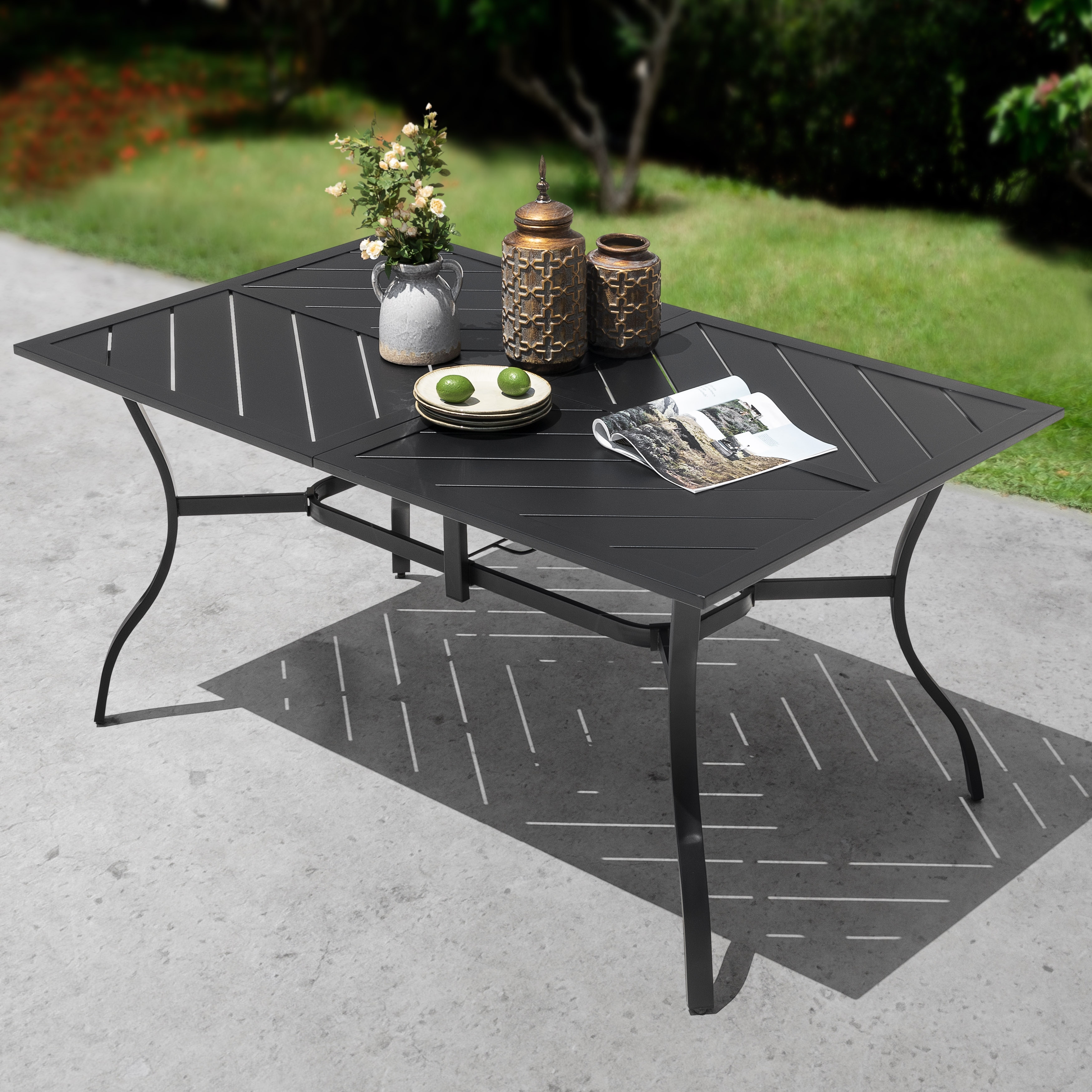 Nuu Garden Outdoor Rectangle Iron Dining Table, Splice Tabletop with Umbrella Hole