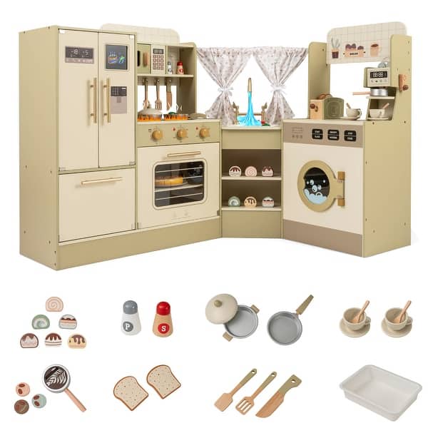 slide 2 of 10, Gymax Kids Corner Play Kitchen w/Faucet Dishwasher Stoves Coffee Green