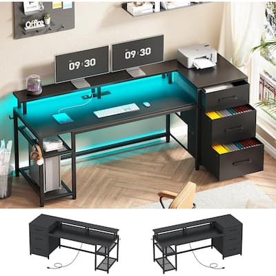 Office Desk 3 Fabric Drawers Computer Desk LED Lights & Power Outlet