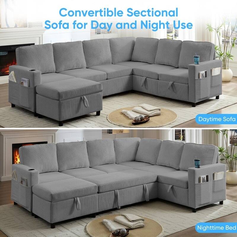 Mixoy 6 Seat U-Shaped Modular Sectional Sofa with Pull Out Bed, Sleeper Sofa Bed with Cup Holders & Storage