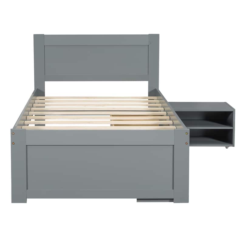 Twin Size Platform Bed With Drawer And Two Shelves, Gray
