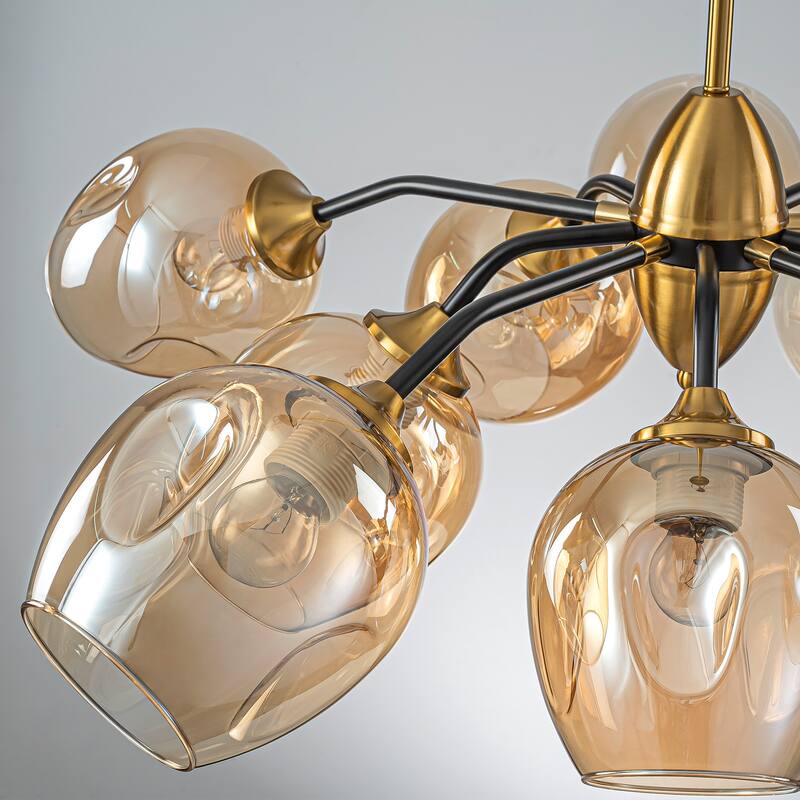 Modern Glam 10-Light Cluster Amber Glass Chandelier - Brass