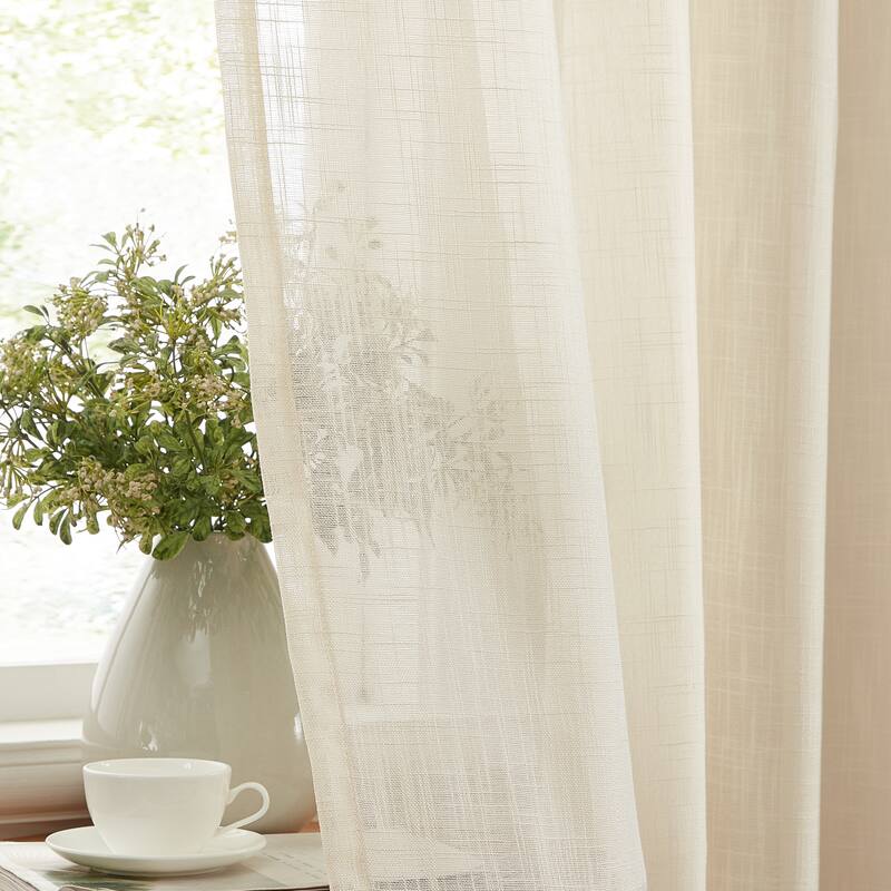 HLC.me Abbey Faux Linen Textured Semi Sheer Privacy Light Filtering Transparent Window Grommet Curtain Panels, Pair