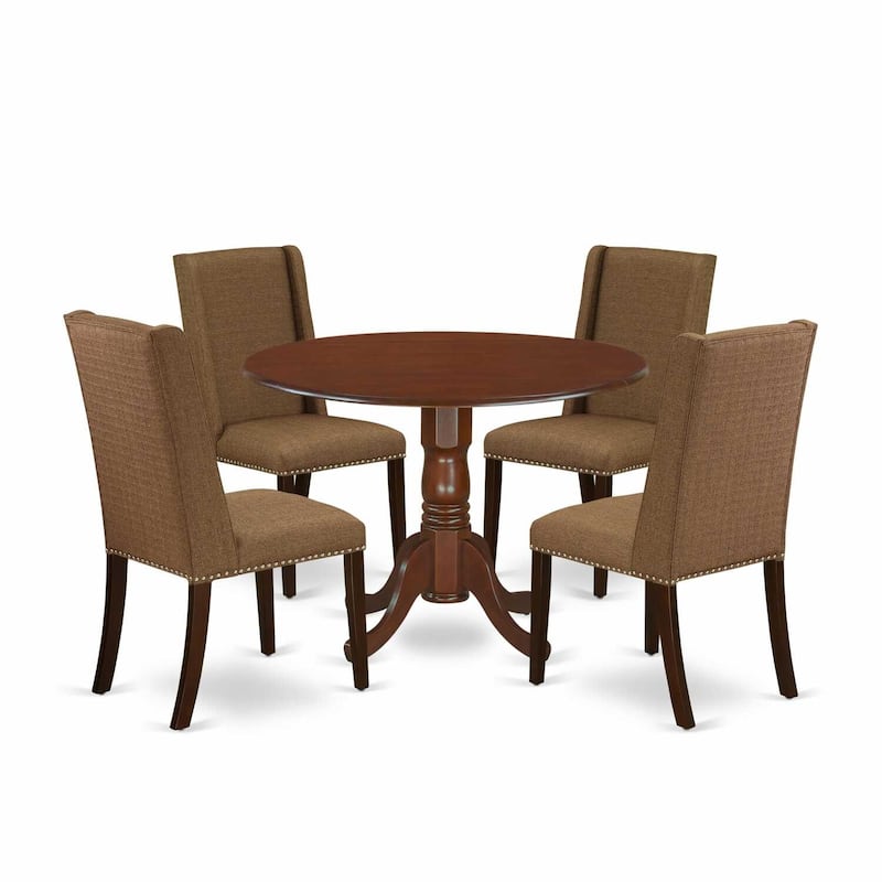 HomeStock 5-Piece Round Mahogany Finish Solid Wood Top Dining table with 4-Chairs with Lattice Back