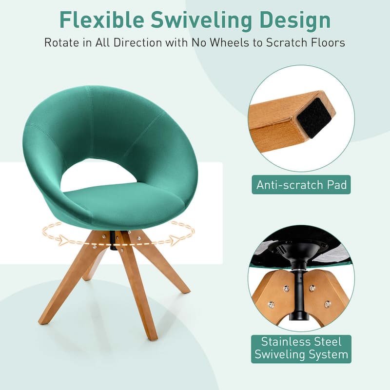 Gymax Set of 2 Swivel Accent Chair Modern Velvet Vanity Chair w/ Wood