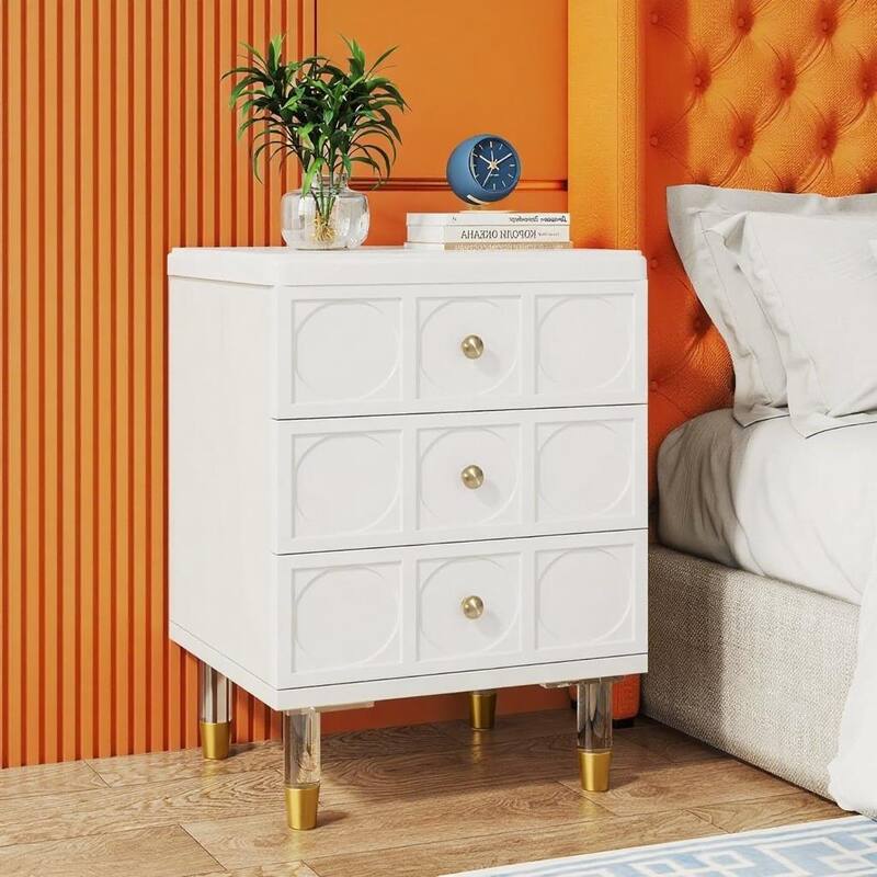 White Wood Nightstand with Gold Handles Acrylic Legs and 3 Drawers - White