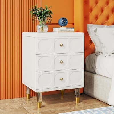 White Wood Nightstand with Gold Handles Acrylic Legs and 3 Drawers