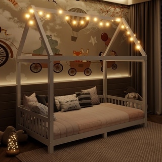Wood Twin Size House-Shaped Kids Bed with Guardrails and LED Design, White