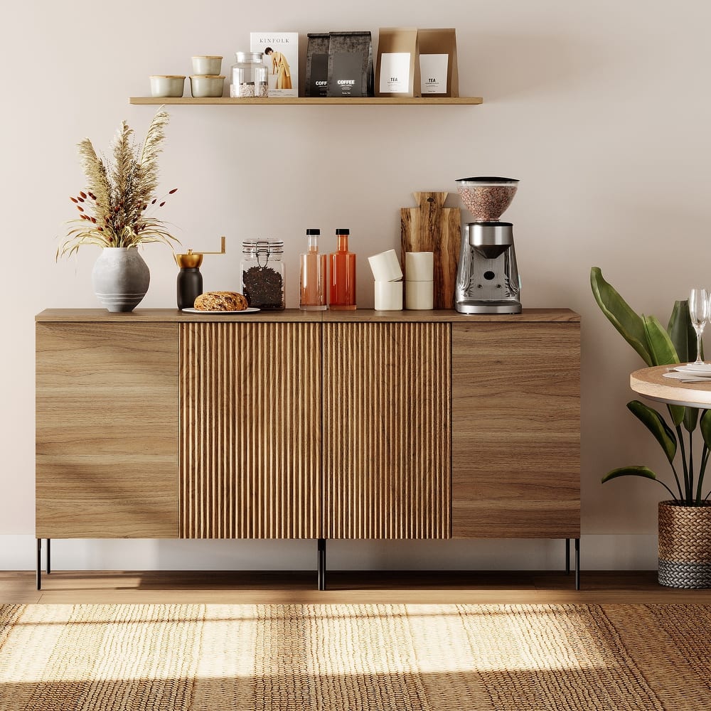 31.5" Wooden Reeded Sideboard With 2 Doors, Modern Credenza Storage Cabinet