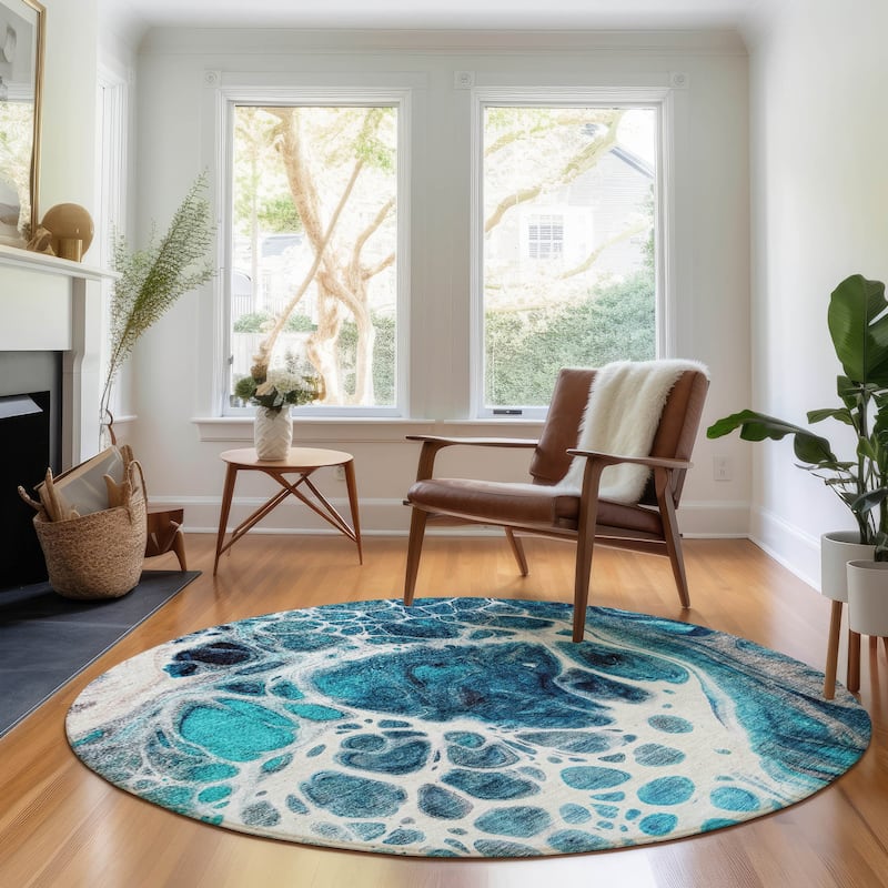 Premium Washable Super Soft Abstract Ink Mayfield Rug - Teal - 8' x 8' - Round