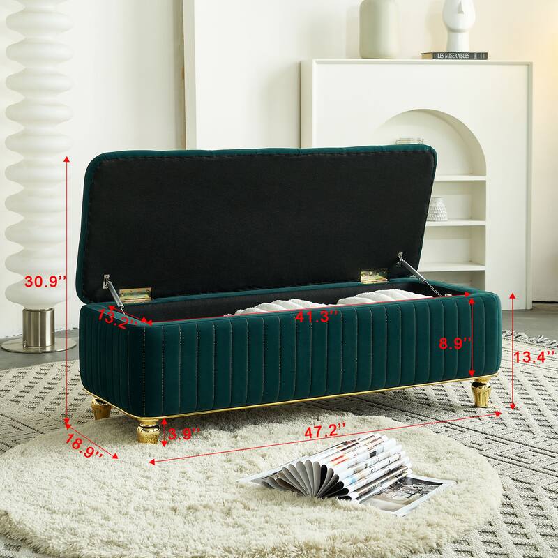 Velvet Fabric Storage Ottoman, Upholstered Button Tufted Storage Bench, End of Bed Bench with Safety Hinge & Metal Legs