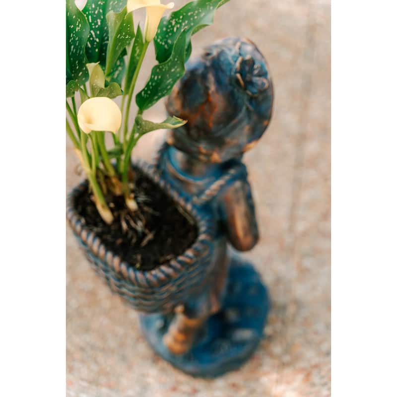 XBrand 24" H Faux Bronze Magnesium Oxide Walking Girl Garden Statue w/Small Flower Plant Pot, Natural Design Sculpture