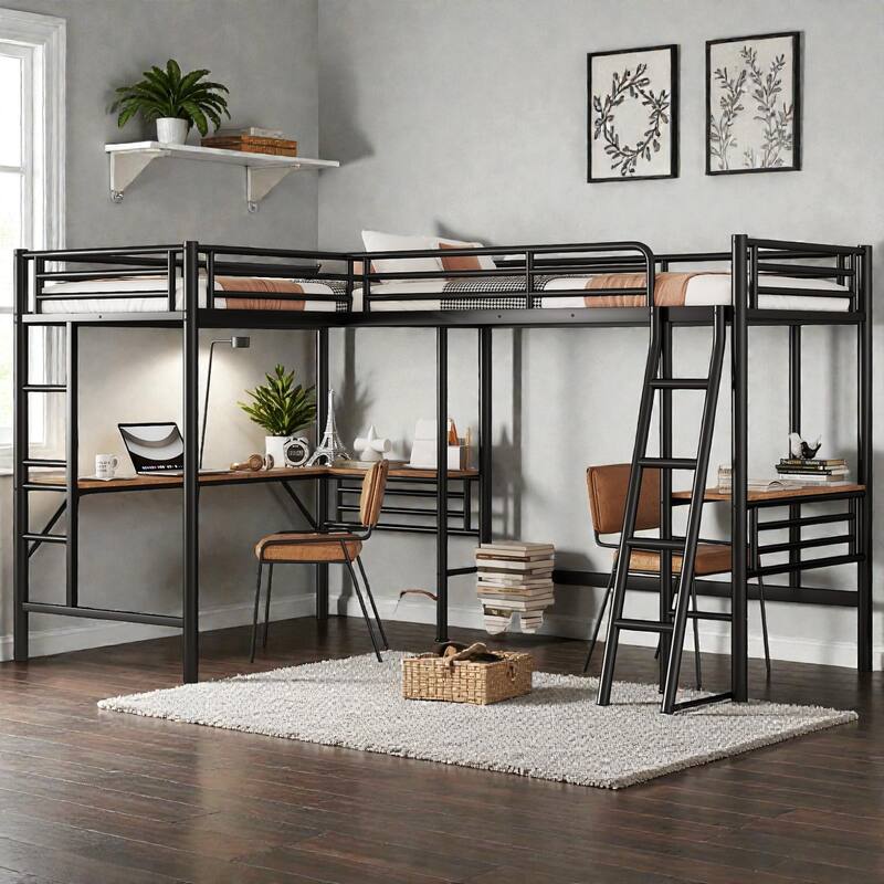 Twin Size Metal L-Shaped Loft Bed with Two Built-in Desks, Black Space-Saving Study Workstation Loft Frame