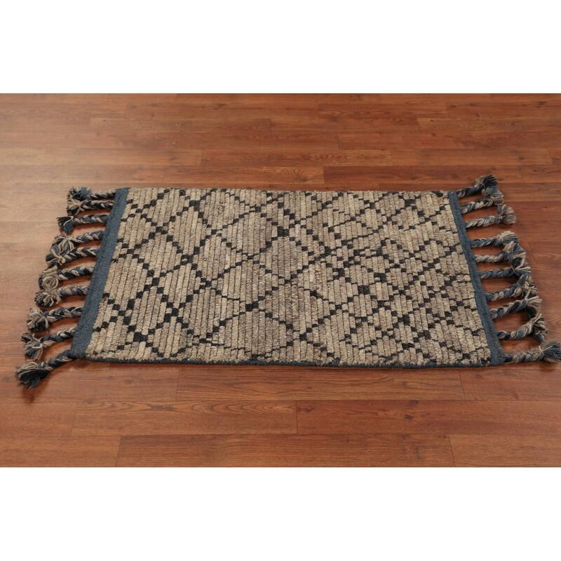 Striped Brown Moroccan Oriental Foyer Rug Hand-Knotted Wool Carpet - 2'0"x 3'0"