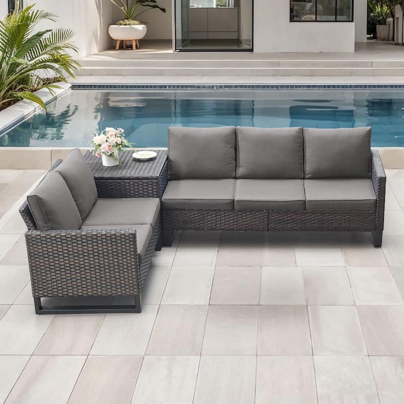 Gymojoy 5 Person All-Weather Wicker Outdoor Patio Sofa Set With Cushions - Brown Wicker / Gray Cusion - 3-Piece