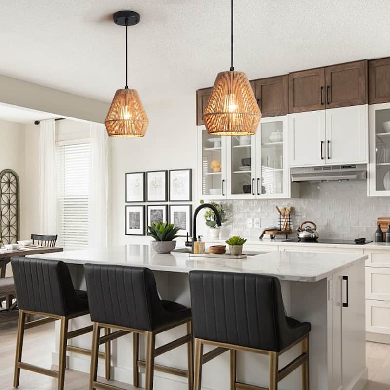 Boho Coastal 1-Light Hand-Woven Rattan Pendant Light for Kitchen Island Hallway (Set Of 2) - 7.28 in