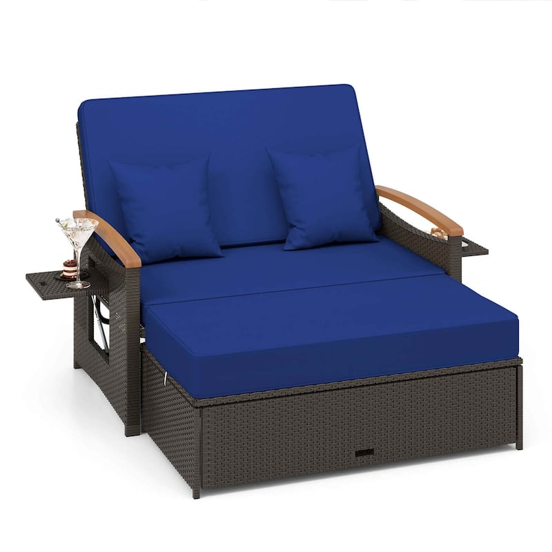 Patio Rattan Daybed Set with Cushioned Loveseat & Storage Ottoman - Navy