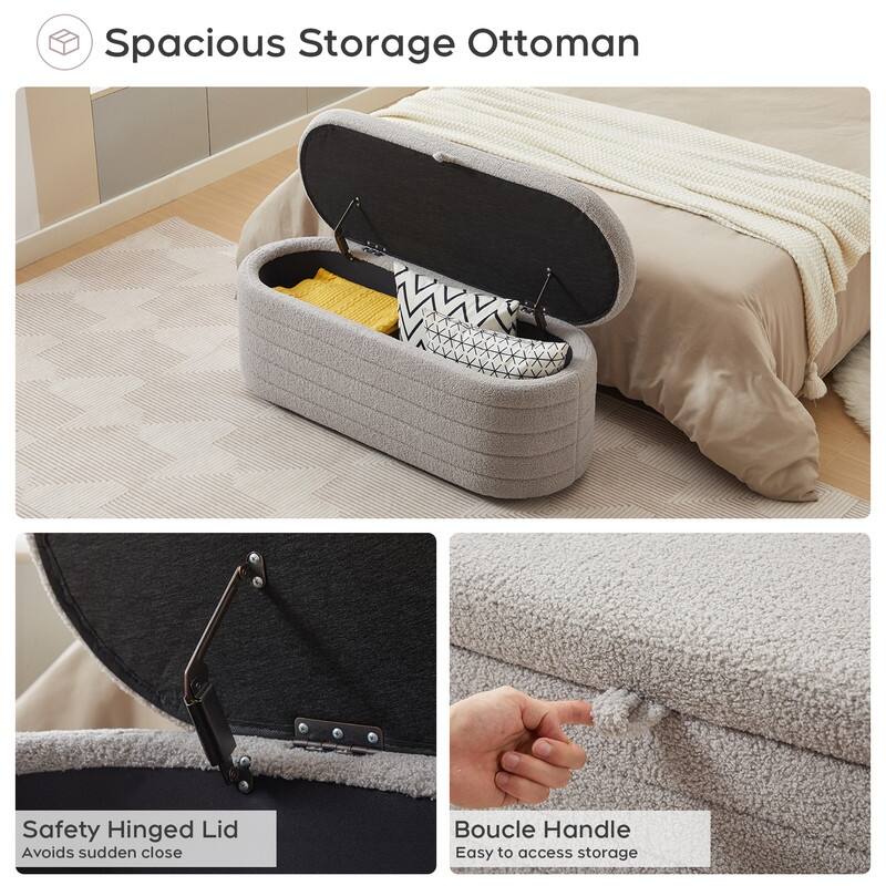 45" White Teddy Storage Ottoman Bench for Living Room Bedroom,Oval Sherpa Storage Bench Ottoman Foot Rest Anti-slip Legs