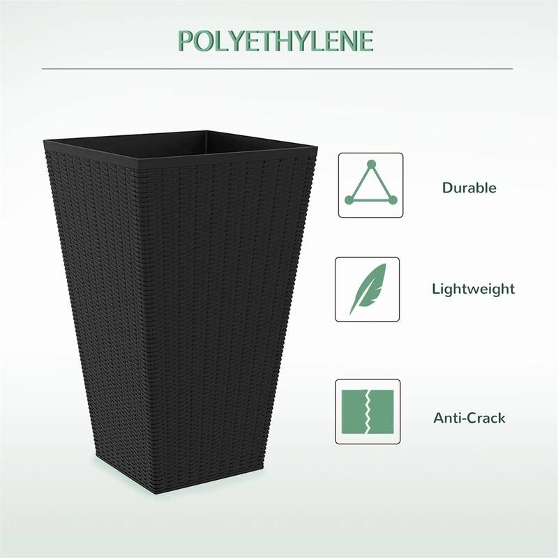 Set of 3 Tall Rattan Style Planter Pots UV Resistant Plastic with Drainage for Indoor and Outdoor Use