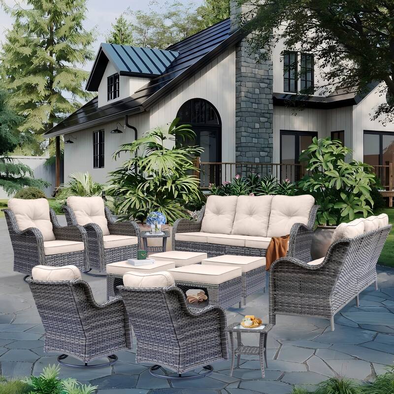 12 Piece Outdoor Wicker Patio Furniture Seating Set with Swivel Chairs - Beige Cushion/Grey Wicker