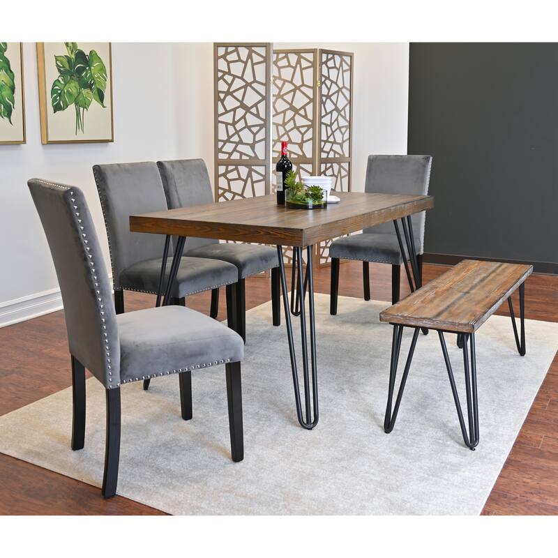 Roundhill Furniture Ashzo 6-Piece Dining Set, Hairpin Dining Table with 4 Chairs and Bench