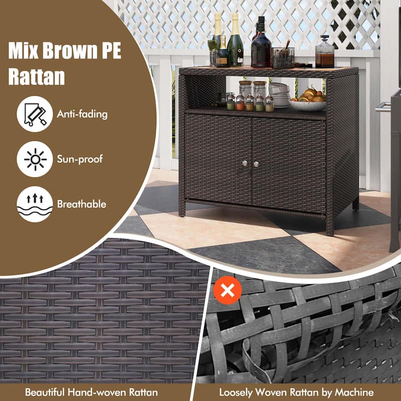 Costway Patio Rattan Storage Cabinet with Acacia Wood Countertop Open - See Details