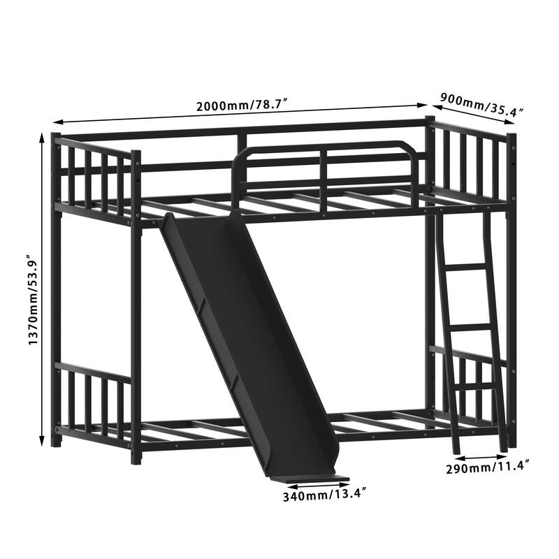 Twin Bunk Bed with Ladder and Slide, Metal Frame with Safety Guardrails