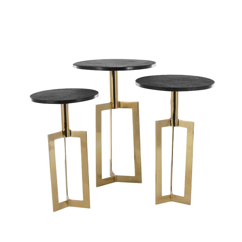 Gold or Black Aluminum Metal Geometric Accent Table with Black Marble Tabletops (Set of 3)