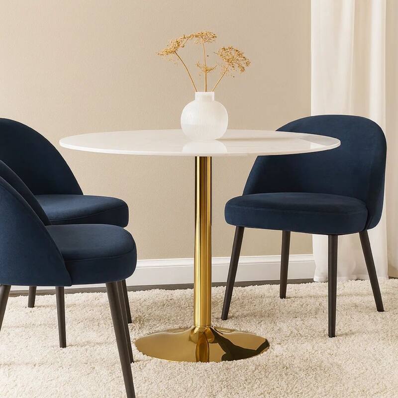 30 Inch Round Marble Top Modern Dining Table, White and Gold