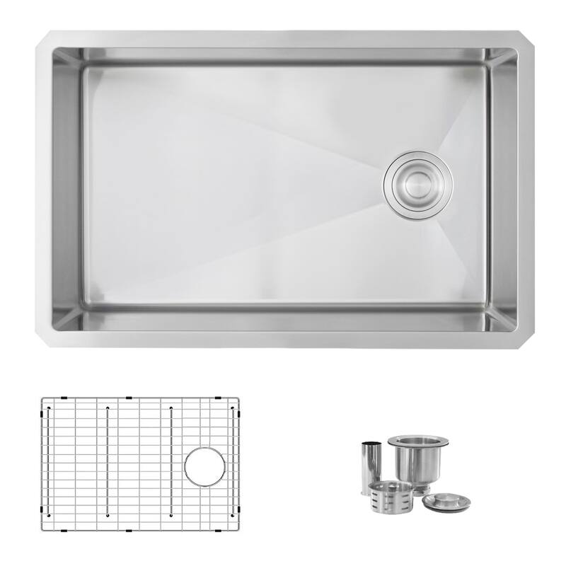 AZUNI 28 inches L x 18 inches W Single Bowl Undermount 16G Reversible Kitchen Sink with Grid and Basket Strainer C128