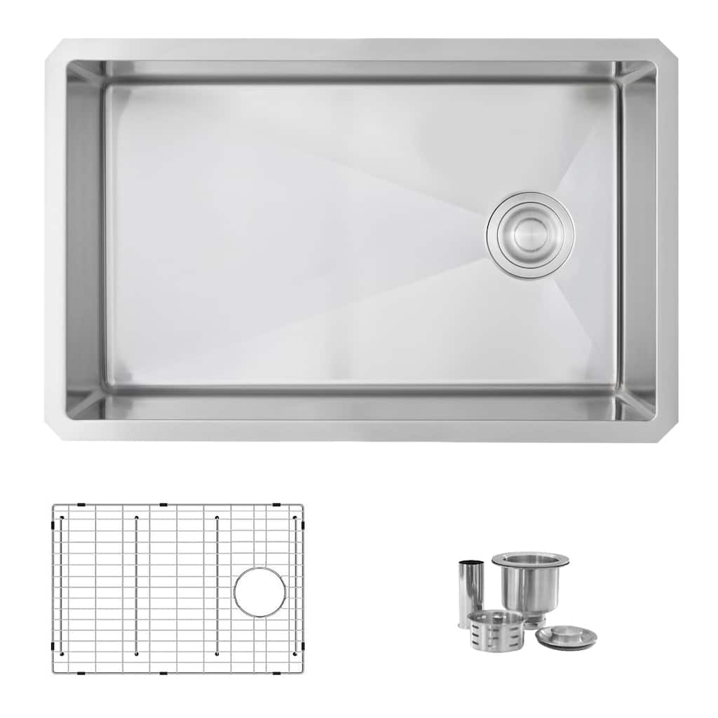 AZUNI 28 inches L x 18 inches W Single Bowl Undermount 16G Reversible Kitchen Sink with Grid and Basket Strainer C128
