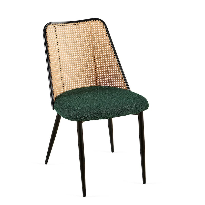 Green Rattan Dining Chairs Set of 4,Boucle Chairs with Natural Cane Back, Upholstered Dining Room Kitchen Chair