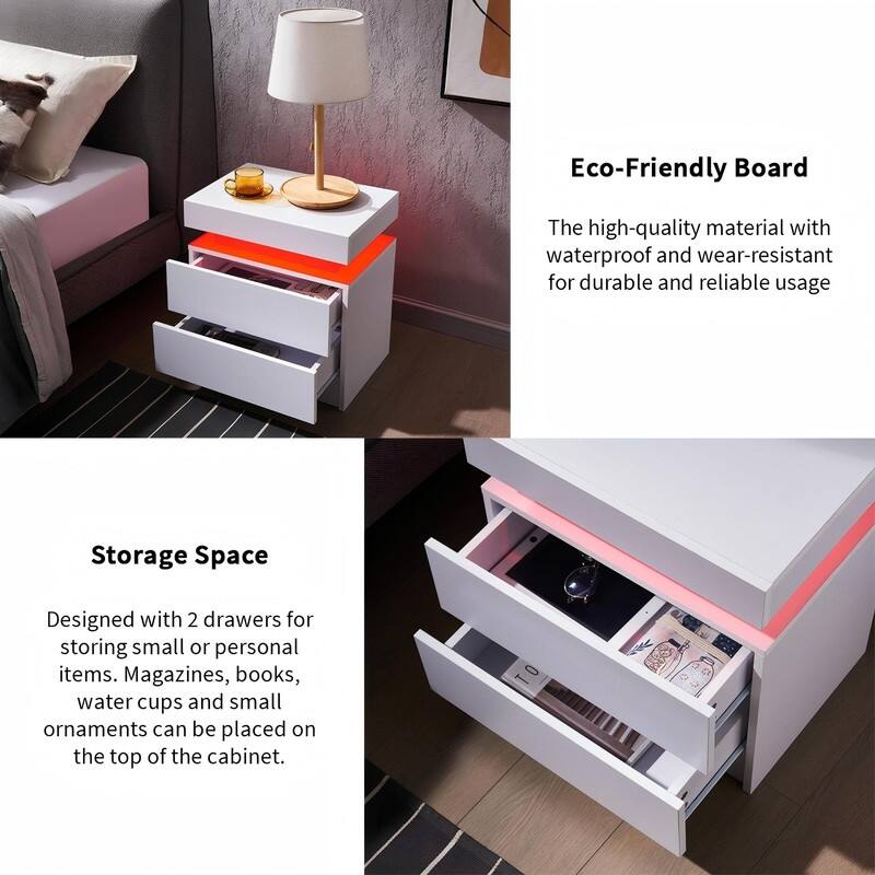 Nightstand LED Bedside Table Cabinet Lights Modern End Side with 2 Drawers for Bedroom