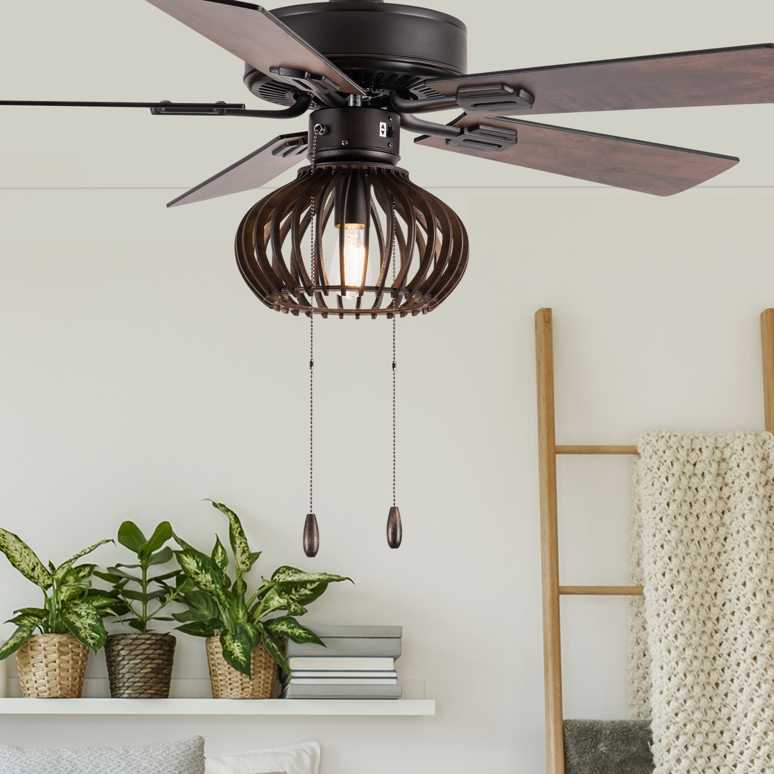 River of Goods Leigh Brown Oil-Rubbed Bronze and Wood Caged Ceiling Fan with Light - 42" x 42" x 15"/20"