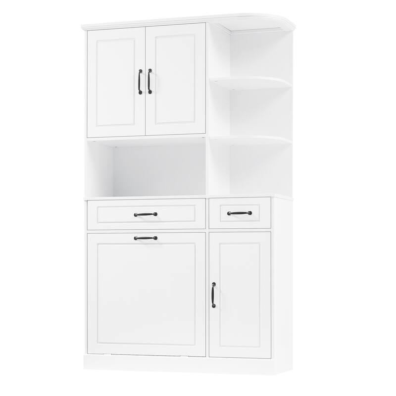 Roomfitters 70" Tall Storage Cabinet with Tilt-Out Hamper, 3 Drawers & Open Shelving, Modern MDF Linen Tower, White
