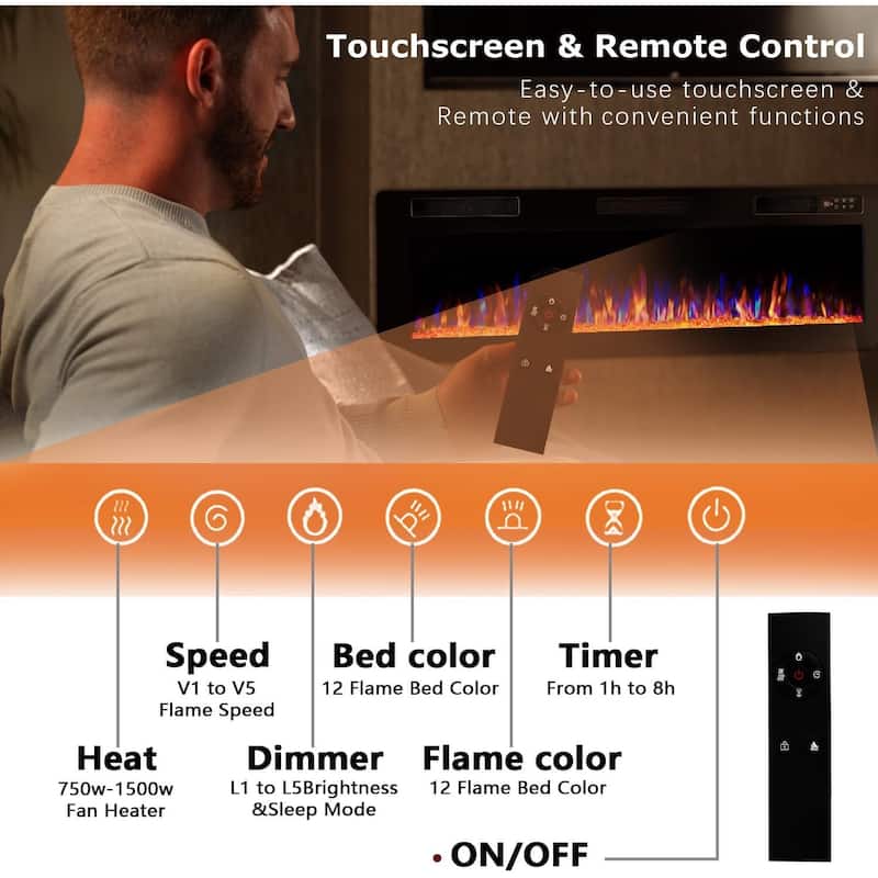 Bossin 30 to 72 inch Electric Fireplace Ultra-Thin and Silence Linear Recessed Wall Mounted Fireplace with Remote Control