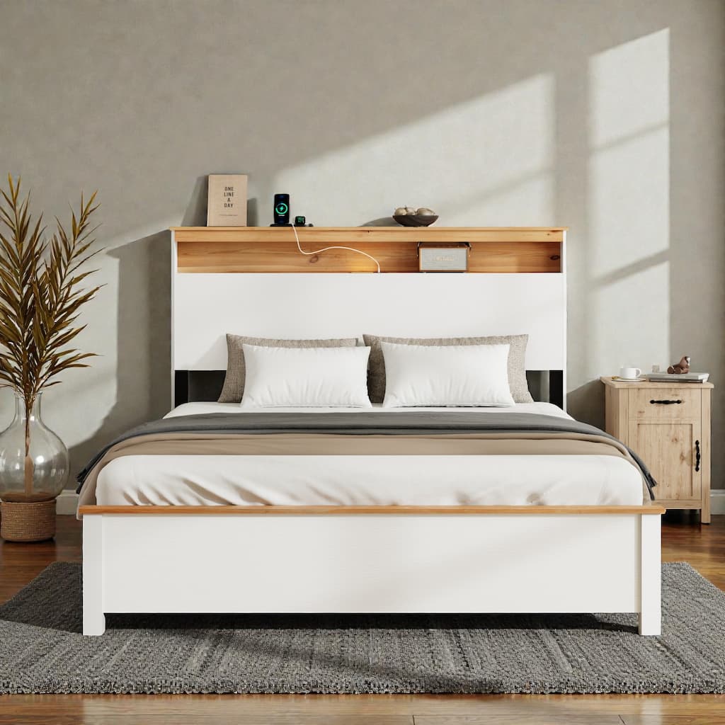 Rustic Wooden Bed Frame with Storage Headboard, LED Lights and Charging Station, Noise-Free Metal Slats, No Box Spring Needed