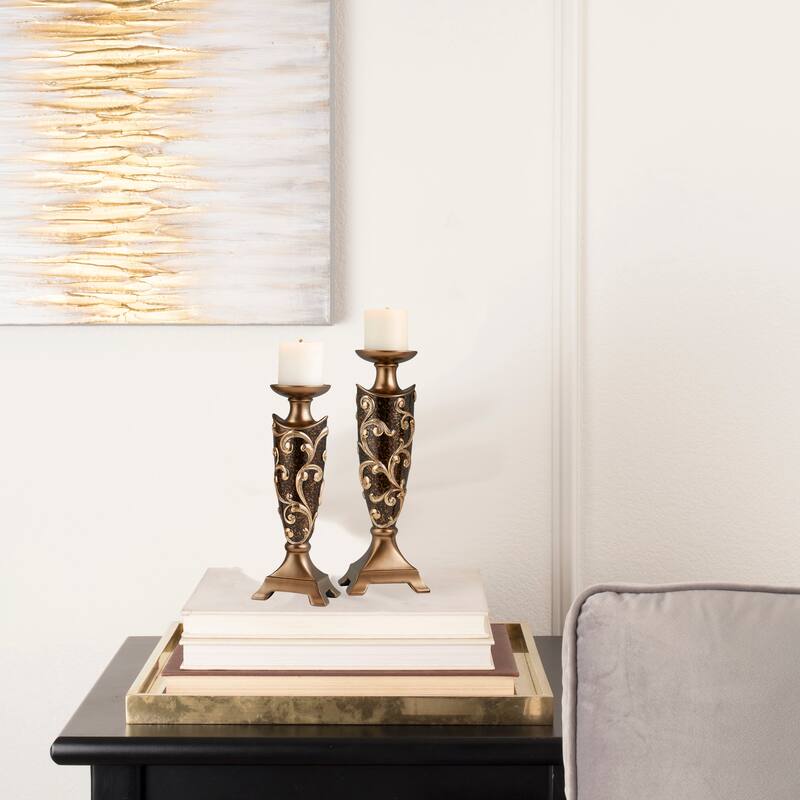 HomeRoots Set Of Two Brown and Gold Pillar Tabletop Pillar Candle Holders - 11